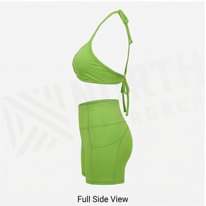 Conjunto de Yoga Verde de 2 Piezas, Top Halter con Volantes, Shorts de Cintura Alta con Bolsillos, Ropa Deportiva de Secado Rápido, Spandex y Poliéster - Product Image 3