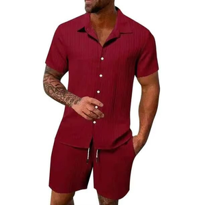 <b>Men's</b> Summer Simple Casual Beach Wear Two-Piece <b>Cardigan</b> With Printed Button-Up <b>Long</b>-Sleeved Polyester Shirt Woven Shorts - Product Image 1