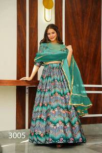 Nouvel ensemble de lehenga traditionnel indien pour femme, imprimé, longueur ras du sol, en soie vert sarcelle avec motifs colorés, coupe ample, toutes saisons - Product Image 5