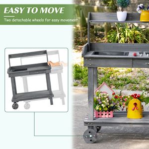 Banco da Giardinaggio in Legno Grigio con Ruote, Lavello Esterno, Cassetto e Spazi di Stoccaggio - Product Image 6