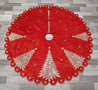 Jupe de sapin de Noël en velours rouge perlé motif rennes, taille personnalisée, bordure dorée, sequins faits main, décoration de Noël de haute qualité