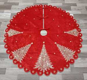 New Handmade <b>Red</b> Velvet Christmas Tree Skirt Gold <b>Sequin</b> Tree Motif 48 Inch Scalloped Edge Holiday Decor Boutique Artistry By PR - Product Image 1