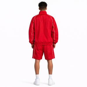 Wholesale Red Nylon Track Set <b>Men</b> Zip <b>Jacket</b> Shorts White Piping Streetwear Y2K OEM Supplier USA Bulk <b>Summer</b> Sports Wear <b>Jackets</b> - Product Image 2