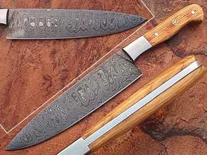 Handmade Best Supplier Cooking Damascus Steel Chef <b>Knife</b> <b>Bread</b> <b>Knife</b> With Olive Wood Handle & With Leather Sheath - Product Image 1
