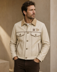 Veste en cuir pour homme Cream Desert, col rabattu, patch brodé Route 66, style décontracté pour l'automne - Product Image 4