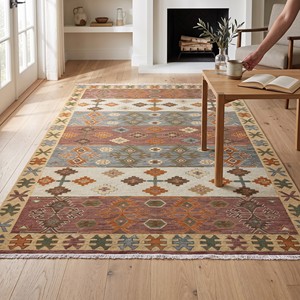 Tapis Kilim en laine fait main moderne, tissé à plat, élégant pour la décoration intérieure - Product Image 1