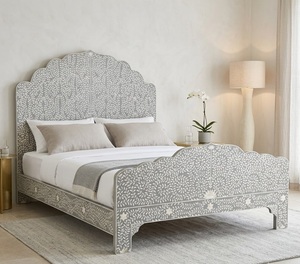 Moroccan Inlay Wooden Bed Frame Carved Panel Bedstead Scalloped Headboard and Footboard Bedroom Furniture - Product Image 2