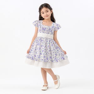 ชุดเดรสเอวลูกไม้ลายดอกไม้สีม่วงสำหรับเด็กผู้หญิงพร้อมแขนเสื้อทรงกลีบดอกไม้ |   ชุดเดรสสำหรับงานเลี้ยงสุดหรูและชุดลำลอง - Product Image 1