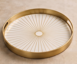 Plateau de service moderne rond en métal émaillé blanc avec poignées découpées motif soleil doré, décoratif pour table basse, plateau de vanité, cadeau - Product Image 5