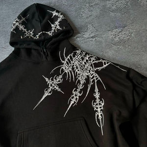 Sudadera con Capucha Unisex de Algodón Tejido, Diseño Gótico con Calaveras Negras Pintadas a Mano, Logotipo Frontal, Talla Grande, Estilo Urbano, Invierno - Product Image 3