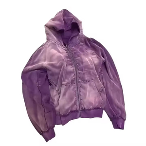 Nouveau style 2026 – Sweats à capuche épais pour hommes en molleton bouclette, imprimés numériquement, effet délavé soleil, fermeture éclair, délavage acide, style streetwear, avec strass - Product Image 1