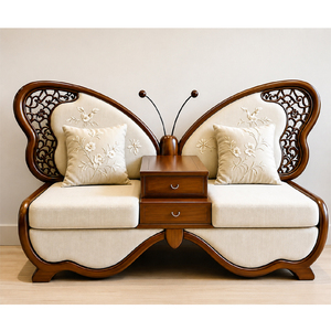 Canapé de salon de luxe en teck style ailes de papillon, canapé traditionnel deux places avec dossier capitonné, table basse carrée gonflable - Product Image 1