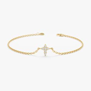 Bracelet en or 14 carats avec croix en diamant, petit charme croix, bracelet chrétien, bracelet en or délicat, cadeau religieux pour femmes, baptême - Product Image 2