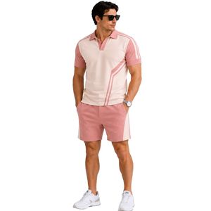 Conjunto de Camiseta Polo y Pantalones Cortos para Hombre en Rosa Pálido y Marfil, con Rayas en Contraste, Estilo Casual de Verano, Dos Piezas, Logotipo Personalizado, Ropa Deportiva Premium - Product Image 1