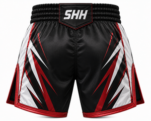 Shorts de Muay Thai personnalisés SHH Industries, noirs et rouges, pour hommes, en satin premium, pour la boxe, le kickboxing, les arts martiaux, l'entraînement et les combats, OEM - Product Image 2