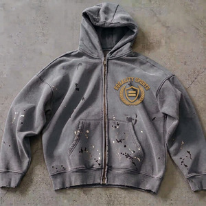 Sweat à capuche zippé vintage délavé à l'acide, effet peinture éclaboussée, en molleton épais, épaules tombantes, pour hommes, personnalisé par le fabricant - Product Image 3