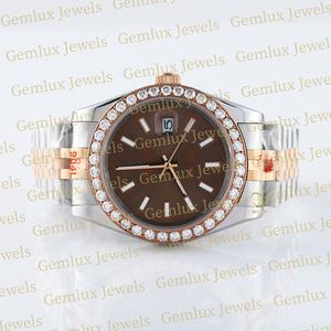 Top Qualité Auto Date Brun Cadran Lunette Diamant D VVS Moissanite Diamant Deux Tons En Acier Inoxydable Hip Hop Diamant Montre Pour Hommes - Product Image 2