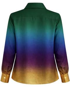 เสื้อเชิ้ตผู้หญิงสีเขียวมรกตไล่เฉดสีม่วงและทอง แขนยาว ติดกระดุม ทรงลำลอง สำหรับใส่ทำงาน ผลิตโดยผู้ผลิตเสื้อผ้าสั่งทำพิเศษ - Product Image 2