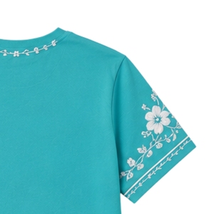 เสื้อยืดคอกลมผ้าฝ้ายปักลายดอกไม้สีขาวสำหรับผู้หญิง สีเทอร์ควอยซ์ แขนสั้น สไตล์ลำลอง รับผลิตตามสั่ง (OEM) คุณภาพพรีเมียม แฟชั่นฤดูร้อน - Product Image 5