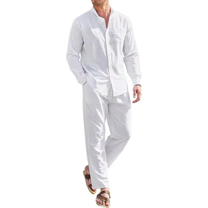 Conjunto Casual de Dos Piezas de Algodón y Lino para Hombre, Camisa de Manga Larga y Pantalón Largo de Color Sólido para Otoño, Traje Holgado para Vacaciones en la Playa - Product Image 1