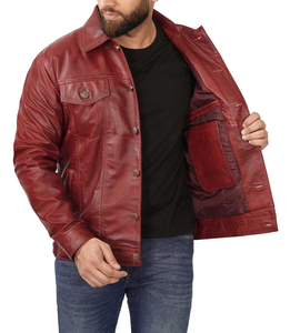 <b>Men</b> Genuine Maroon Leather <b>Trucker</b> <b>Jacket</b> Four Pocket Fashion Casual Leather <b>Jacket</b> - Product Image 2