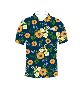 Dark Blue Floral <b>Polo</b> Shirt Yellow <b>Orange</b> Sunflower Pattern Short Sleeve Summer Casual Front Back View - Product Image 4