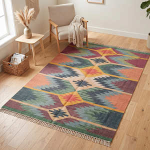 Southwestern Tribal Wool Kilim Area <b>Rug</b> for Living Room <b>Rustic</b> Bohemian & Global Style Home - Product Image 3