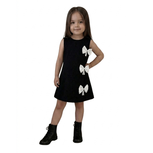 Robe de soirée monochrome pour filles avec nœud décoratif, petite robe trapèze sans manches en satin noir avec nœud - Product Image 2