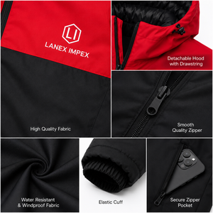 Custom Men's Winter <b>Waterproof</b> Hooded Puffer <b>Jacket</b> Windproof Insulated Outdoor Thermal Coat Two Tone Red Black Full Zip <b>Parka</b> - Product Image 6