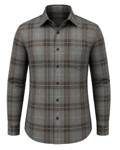Chemise à carreaux gris-brun pour homme, décontractée et formelle, à manches longues, boutonnée, en flanelle de coton, pour le bureau, chemise personnalisée pour homme - Product Image 1