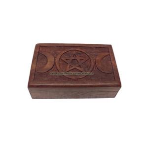 Boîte de rangement de bijoux rectangulaire en bois sculpté à la main Boîte d'affichage de cadeau de symbole de pentacle de lune triple Modèle décoratif - Product Image 1