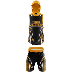 Custom Sublimated Basketball Hoodie & Shorts Set Black Gold Geometric Print Moisture Wicking Unisex <b>Athletic</b> Wear - Product Image 1