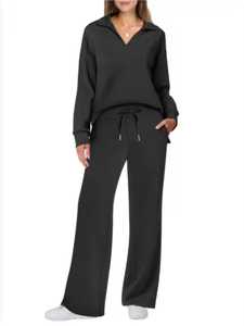 Conjunto Deportivo de Mujer de Color Sólido, Pantalones Largos con Cordón, Cuello Camisero, Manga Larga, Ropa Casual Transpirable de Algodón para Otoño - Product Image 4