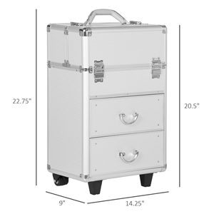 Grande custodia per il trucco per il trenino con chiusura a chiave ruote girevoli argento per cosmetici vassoi pieghevoli per carrelli da viaggio chiavi del bagagliaio - Product Image 3