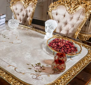 Juego de Mesa de Comedor Rectangular de Madera de Teca Dorada de Lujo, Estilo Europeo Clásico Tallado, Ecológico, Duradero, Muebles de Comedor para Hotel - Product Image 2