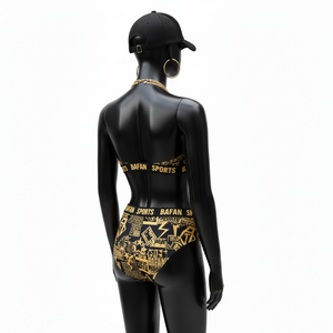 Conjunto de bikini de poli spandex de alta calidad, 190 GSM, negro y dorado, tela elástica con estampado completo, logotipo personalizado, para mujer. - Product Image 4
