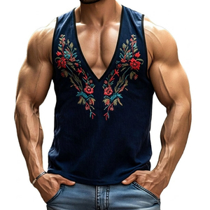Débardeur Homme Slim Fit Col V Profond Personnalisé Broderie Florale Sans Manches Style Streetwear Tendance Vente en Gros OEM - Product Image 1
