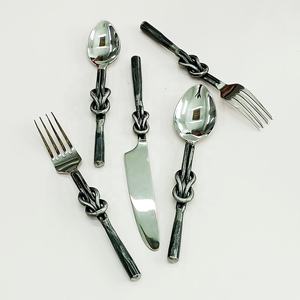 Ensemble de couverts Vintage à Double nœud, poignée noire, acier inoxydable, argent, poli miroir, sécurité alimentaire - Product Image 1