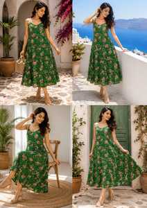 Robe midi vintage à imprimé floral en coton 100% pour femmes, taille naturelle, bretelles spaghetti |   Silhouette évasée respirante et écologique - Product Image 4