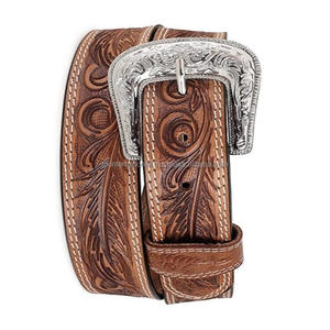 High Quality Embossed Logo Flower Pattern Western Belt Italian Cowhide Full Grain Vintage Genuine Leather Belt for Men - Product Image 5