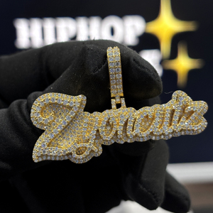 <b>Custom</b> Iced Out Script <b>Name</b> Pendant 925 Sterling Silver VVS Moissanite Raised Layer Hip Hop <b>Necklace</b> Yellow Gold Unisex Designer - Product Image 1