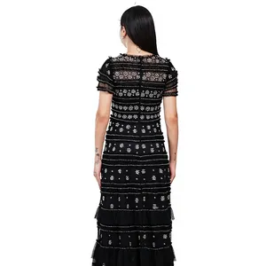 Wholesale Custom Black Tiered <b>Ruffle</b> Evening Gown Elegant Sequined Tulle Maxi <b>Dress</b> OEM Factory Supplier - Product Image 2