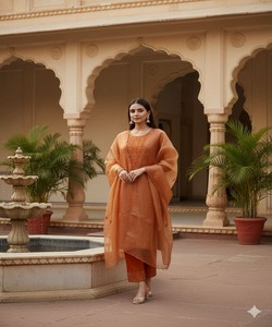 Ensemble haut et bas en coton sergé moderne avec broderie et dupatta, tenue de fête, prix de gros, vêtement ethnique, orange - Product Image 3