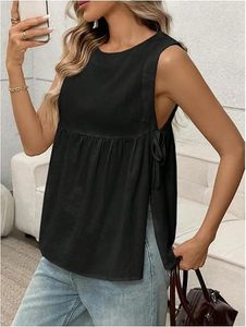 Débardeur noir sans manches pour femme, col rond, avec volants et détail de nouage latéral, haut long décontracté en tricot - Product Image 3