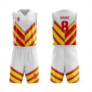 Custom sublimatie basketbaltenue wit rood geel gestreept mouwloos V-hals ademend polyester uniform voor volwassenen - Product Image 3