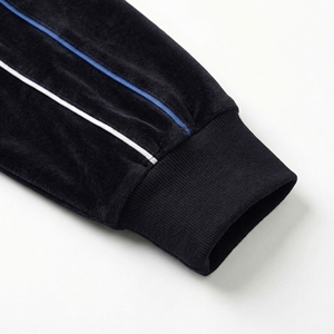 Black Velvet Blue White Stripe Track Jacket| Stand Collar Zip Up Velour Bomber |Retro Streetwear Jacket| Custom OEM Manufacturer - Product Image 5