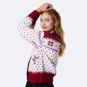 Suéter Navideño de Punto para Mujer, Rojo y Blanco, Estilo Fair Isle, Cuello Redondo, Cárdigan Festivo de Invierno - Product Image 1