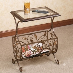 <b>Vintage</b> Wrought Iron Glass Top Magazine Holder Etagere Shelf Freestanding Metal Book Rack Living Room Furniture - Product Image 2