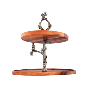 Support à gâteau moderne à 2 niveaux en bois de manguier massif avec poignée en métal argenté, présentoir à dessert rond écologique pour mariage et anniversaire - Product Image 6