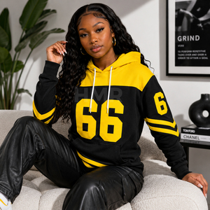 HMR Sorority Sisterhood Black Yellow Color Block Hooded Sweatshirt With Number 66 Print Front Pockets Regular Fit - Product Image 3